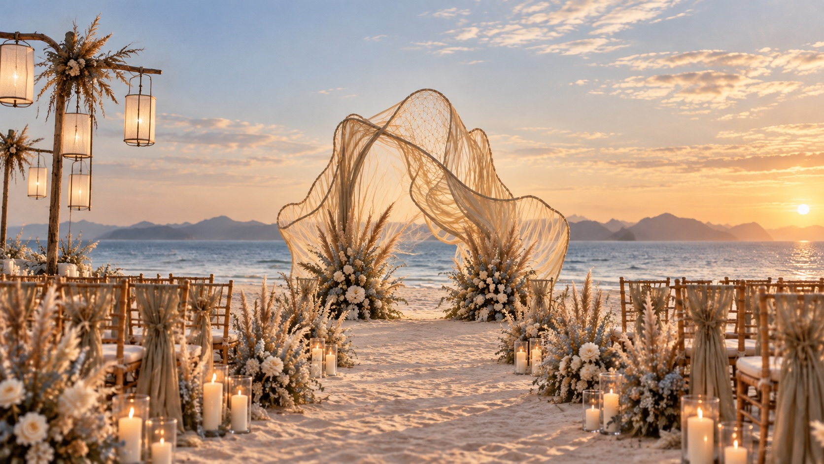 Boho beach wedding ceremony at sunset by the Red Sea